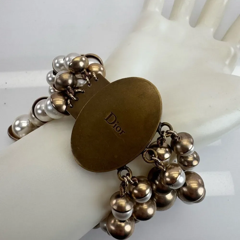 Dior Christian Mise en Multistrand Pearls Cluster Bracelet White